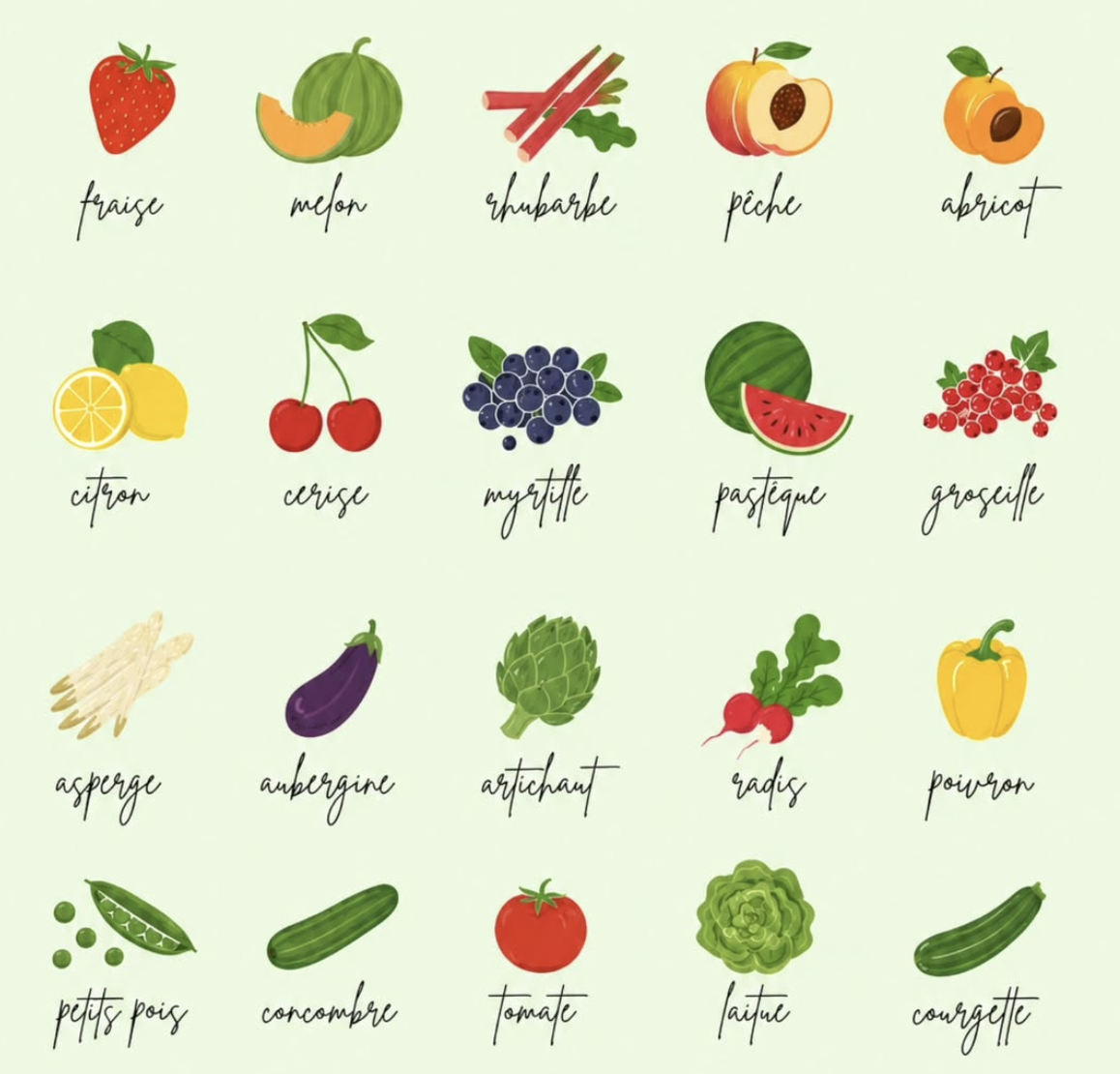Illustrations de fruits et légumes étiquetés en français