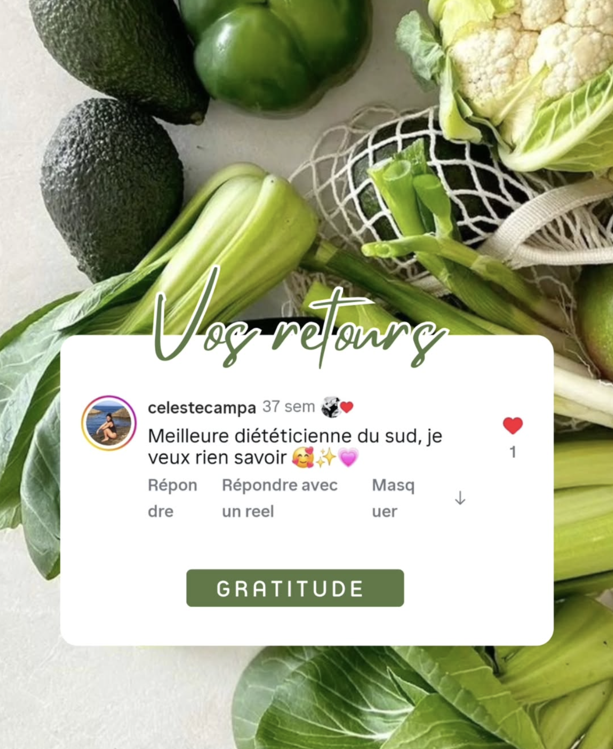 Témoignage client avec fond de légumes verts