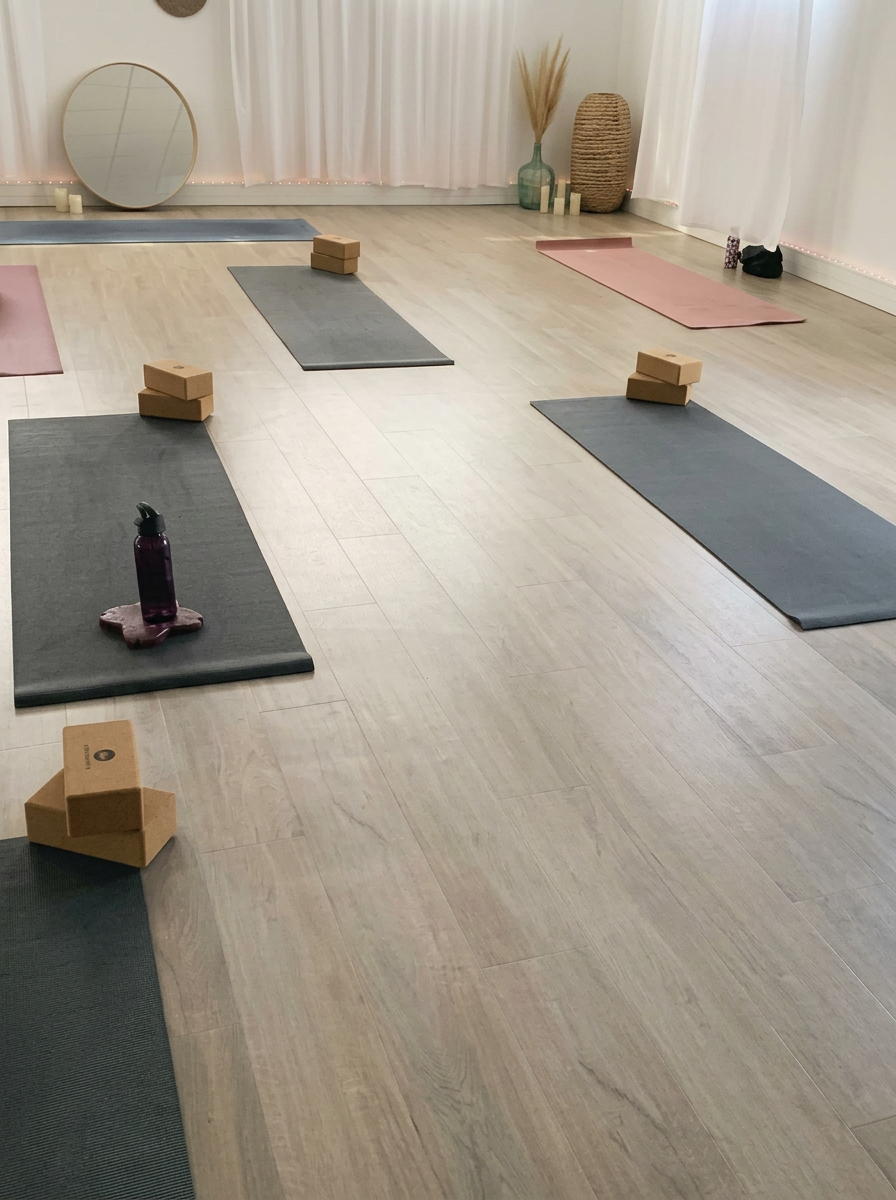 Salle de yoga préparée avec tapis et briques